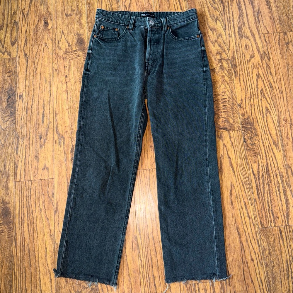 Zara Womens Black Jeans Size 6 High Rise Relaxed Button Fly Baggy Mom Crop Capri